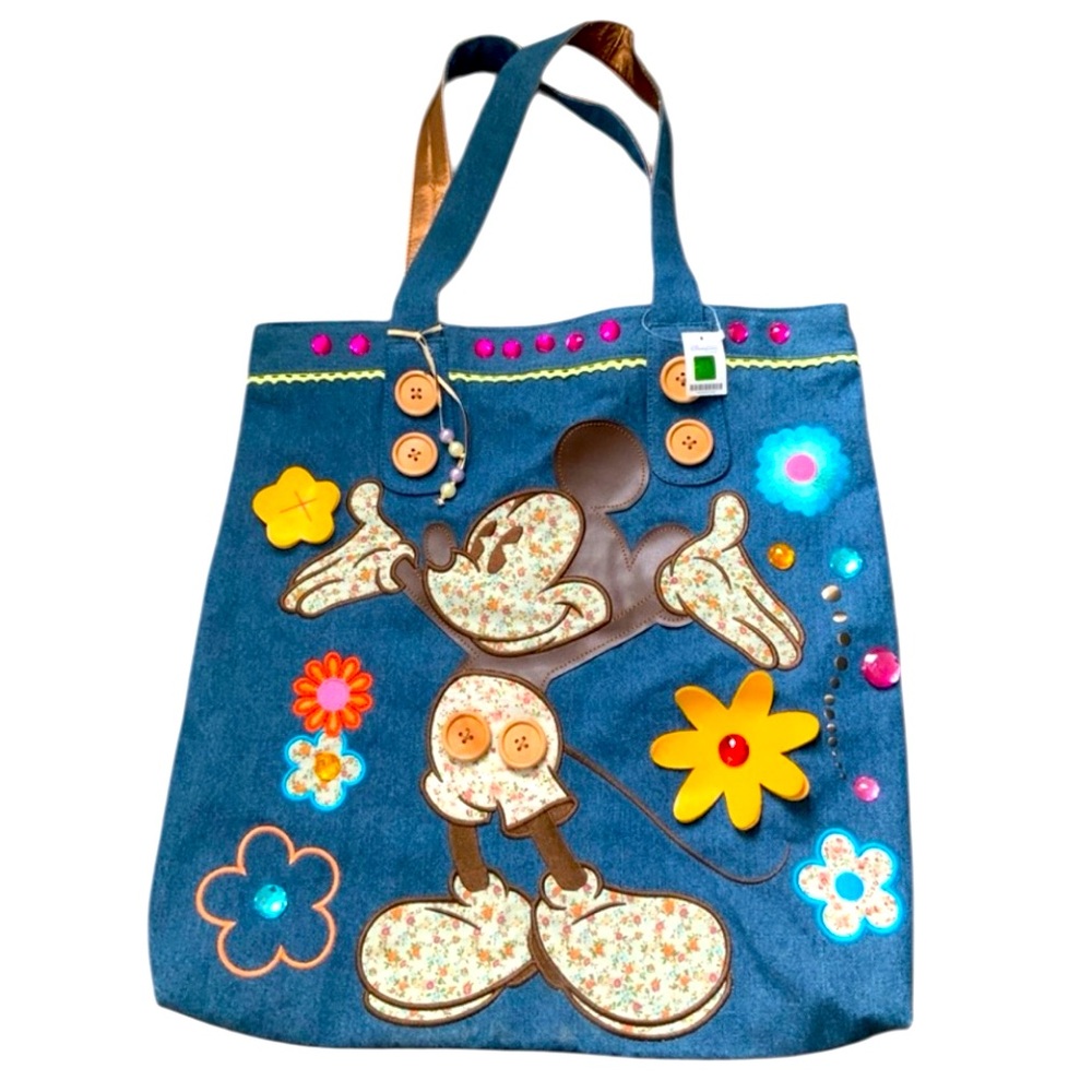Rare DISNEY WORLD Denim Chambray Floral Flower Mickey Garden Tote Purse Bag NEW